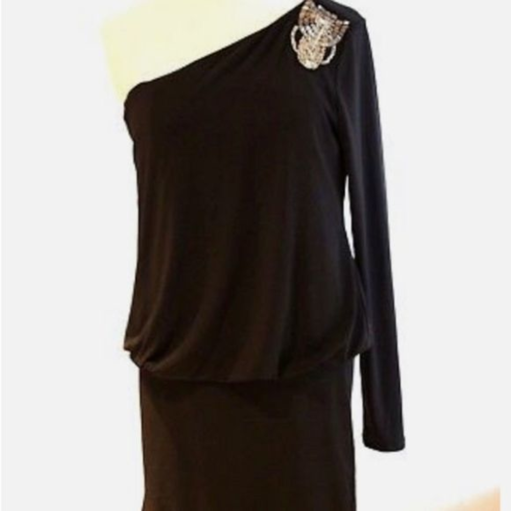 Nicole‎ Miller One Shoulder Embellished Black Dress Size Small